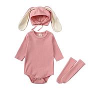 Generisch Body acanalado de verano para recién nacidos, para bebé, niña, con orejas de conejo, sombrero, calcetines, conjunto de ropa, Rosa., 12-18 meses