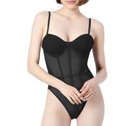 Generisch Body de malla transparente para mujer, con tirantes delgados sin mangas, sin espalda, ajustado, elástico, de malla, elegante, estrecho, para ir a la moda, Negro , L