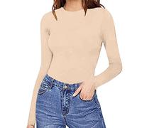 Generisch Body de manga larga para mujer, cuello redondo, elástico, body interior, elegante, sexy, de manga larga, parte superior, body estrecho, body de corte ajustado, mono de cuello redondo, beige