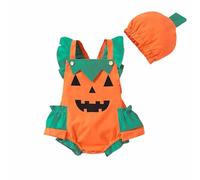 Generisch Body para bebé y niña, disfraz de Halloween, estampado de calabaza, naranja y verde, ribete de encaje, gorro para niños pequeños, informal, fiesta, primavera, verano (naranja, 0-6 meses)