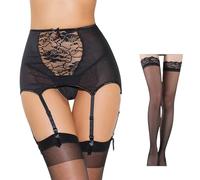 Generisch Body para mujer, lencería negra con bordado de encaje transparente, liguero con medias, lencería para mujer, colegiala, Bk1, L