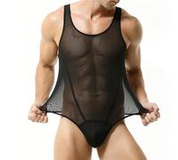 Generisch Bodysuit Shapewear Man, Body de malla transparente para hombre, mono elegante, sexy, levantamiento de pesas de una pieza, para verano, cómodo, de lucha libre, sin pies, Negro , M