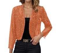 Generisch Bolero Cardigan elegante con purpurina para mujer, parte superior de manga larga, con lentejuelas, ligera, para fiestas, cenas, ocio, carnaval, disfraz, naranja, S