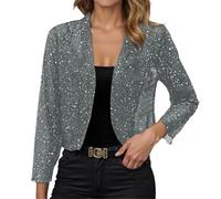 Generisch Bolero de manga larga para mujer con lentejuelas, chaqueta de punto frontal abierta, chaqueta corta, monocolor, brillante, elegante, chaqueta de hombro para bodas y fiestas