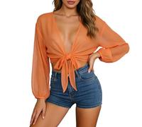 Generisch Bolero Shrugs para mujer Corbata Frontal Cropped Cardigans Verano Manga Larga Tops Bikini Coverup Protección Solar Ropa de Cuello en V Transparente Crop Top Ligero Aire Playa Tops, naranja