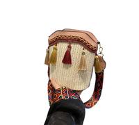 Generisch Bolso bandolera para mujer, bolso de mano minimalista con borla - Bolso retro de cuerda de algodón tejida boho, Rosa/Straw, 6.49*7.87 Inch
