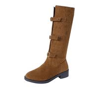 Generisch Botas altas de mujer con correa de hebilla de ante suave y tacón plano para el tiempo libre Zapatos mujer Remix, marrón, 37 EU