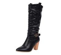 Generisch Botas altas por la rodilla con tacón de bloque, botas largas de caña ancha, botas de punta puntiaguda, botas anchas, botas de transición cálidas, elegantes botas de invierno, Negro , 42 EU