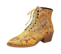 Generisch Botas con cordones para mujer, tacón bloque, botines en el tobillo con jacquard bordado, elegantes botines cortos, cómodos, cálidos, retro, resistentes a la abrasión, botines para mujer para