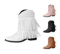 Generisch Botas con flecos para mujer, botas vaqueras para otoño, punta redonda, tacones de bloque, botas occidentales, monocolor, con flecos, vintage, elegantes, medias botas, exteriores, grandes