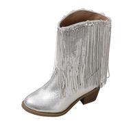 Generisch Botas con purpurina para niños, botas de lentejuelas con flecos, botas de tacón pequeño y grueso, botas largas clásicas de color sólido, botas de cuero elegantes con punta puntiaguda, plata