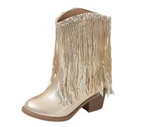 Generisch Botas con purpurina para niños, botas de lentejuelas con flecos, botas de tacón pequeño y grueso, botas largas clásicas de color sólido, botas de cuero elegantes con punta puntiaguda, dorado