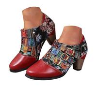 Generisch Botas cortas de mujer con tacón de bloque de PU Botas de invierno retro estampadas botines botines botas de equitación occidentales botas clásicas, borgoña, 43 EU