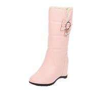 Generisch botas de algodón con lazo de cuero liso bota de algodón tacón de cuña de felpa botas medianas con suela gruesa mujer 38, Rosa., 39 EU