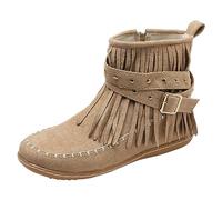 Generisch Botas de ante para mujer, botines planos con flecos, elegantes, medias botas de vaquero, botas cortas de un solo color, botas de tobillo redondas, botas de invierno con flecos para