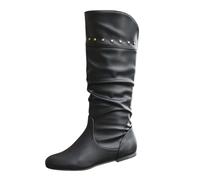 Generisch Botas de caña ancha Mujer Xxl Cuero de Caña,Botas de Mujer Con Cremallera Lateral,Liso Plano Antideslizante Cremallera Lateral Redonda Punta Zapatos, Negro , 43 EU