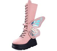 Generisch Botas de caña larga para mujer, botas de vaquero con plataforma - Gruesas, altas, altas hasta la rodilla con cordones con cremallera lateral, de moda, alas de mariposa, botas de combate de