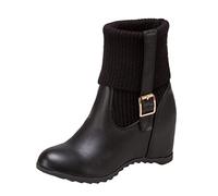 Generisch Botas de equitación de invierno para mujer, color liso, boca de punto, hebilla ajustable, interior elevado, botas de cuña, Negro , 39 EU