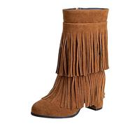 Generisch Botas de equitación de invierno para mujer Europa los Estados Unidos Comercio Exterior Botas gruesas de tacón alto con borla Cremallera lateral Redonda Media, marrón, 40 EU