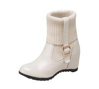 Generisch Botas de invierno para mujer, color liso, boca de punto, hebilla ajustable, interior elevado, botas de cuña, beige, 38 EU
