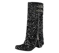 Generisch Botas de invierno para mujer, con diseño de lentejuelas, con cremallera fresca, tacón bajo, ajuste cómodo