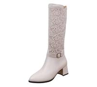 Generisch Botas de invierno para mujer, con flores, de encaje, para trekking, tacón en bloque, hasta la rodilla, puntiagudas, con cremallera lateral, botas de piel largas con escote, Blanco, 38.5 EU
