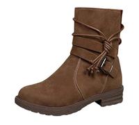 Generisch Botas de mujer Botines para mujer, Piel con Tacón Botas Slip In Botas de Cuero Moda Redondo Encaje Vintage Ante Leopardo Patrón Tacón Bloque Cremallera Botines Marrón 39