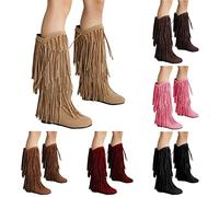 Generisch Botas de mujer con flecos Botines de invierno de ante con flecos Botas de vaquero cálidas Botas de vaquero elegantes Botas occidentales gruesas para mujer Botas planas de ante de gran tamaño