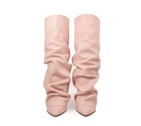 Generisch Botas de mujer con punta puntiaguda, tacón grueso, botas hasta la rodilla, botines impermeables y plegables, zapatos vintage cómodos, zapatos de mujer al aire libre, antideslizantes, tacones