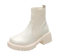 Generisch Botas de mujer con tacón, botas de piel para mujer, talla con cremallera lateral, monocolor, plataforma antideslizante, tacón de bloque, botas cortas de invierno impermeables, Blanco, 40 EU