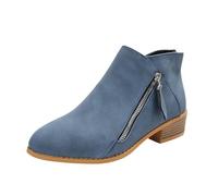 Generisch Botas de mujer con tacón de bloque Botines para mujer, con forma de encaje, planas, con cremallera, botines lisos de piel, ante y para el tiempo libre, elegantes botas de invierno, azul, 36