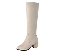 Generisch Botas de mujer de color sólido con caña ancha, botas de ante redondas, con correa de hebilla, botas de equitación, tacón medio, longitud hasta la rodilla, cremallera lateral, cierre de