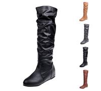 Generisch Botas de muslo anchas pantorrilla para mujer,Botines negros planos de invierno para mujer,Punta redonda Zapatos cálidos al aire libre impermeables Botas de invierno, Negro , 41 EU