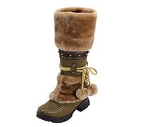 Generisch Botas de nieve para mujer, forradas, botas de invierno, botas de invierno retro, punta redonda, media pantorrilla, botas de nieve con tacón de bloque con forro cálido, botas de lana para
