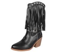 Generisch Botas de vaquero para mujer, aspecto de ante, botas de vaquero con tacón de bloque para festivales, botas occidentales, botas hippie, botas piratas, botas de combate, Negro , 40 EU