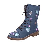 Generisch Botas de vaquero para mujer, botas de caballero vintage con bordado de flores, tacón largo, con cremallera, cómodas, clásicas, de piel, elegantes, azul, 36 EU