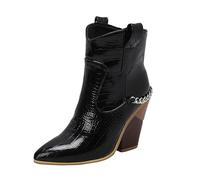 Generisch Botas de vaquero para mujer, botas occidentales de punta, tacón grueso bajo, botines cortos, botines mediados, Negro , 41 EU