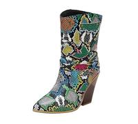 Generisch Botas de vaquero para mujer, con punta puntiaguda, hasta la pantorrilla, con tacón de bloque, Negro y verde., 36 EU