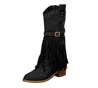 Generisch Botas de vaquero para mujer, de ante con remaches y flecos, estilo bohemio, con flecos, tacón apilado, botines de ante con cremallera lateral, Negro , 40 EU