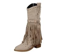 Generisch Botas de vaquero para mujer, de ante con remaches y flecos, estilo bohemio, con flecos, tacón apilado, botines de ante con cremallera lateral, beige, 42 EU