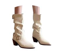 Generisch Botas de vaquero para mujer, de piel, de media altura, elegantes, con tacón de bloque, cómodas, antideslizantes, para montañas, medias botas para mujer, para el tiempo libre, Blanco, 41 EU