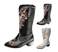 Generisch Botas de vaquero para mujer, de piel negra, impermeables, con estampado floral, botas occidentales de encaje, botines de plataforma cálidos, botas cortas con soporte para arco, zapatos de