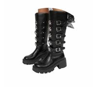 Generisch Botas góticas punk con plataforma gruesa y alta plataforma tacón de pantorrilla media con cremallera punta redonda hebillas botas de combate botas de moto rave zapatos góticos, Negro , 40