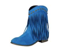 Generisch Botas occidentales para mujer de caña ancha, tacón cuadrado, con flecos monocromáticos, botines gruesos con punta redonda y suela plana, botas de invierno antideslizantes, azul, 46 EU