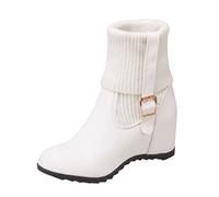 Generisch Botas por encima de la rodilla para mujer, botas de tiburón, color sólido, boca de punto, hebilla ajustable, interior elevado, botas de cuña, Blanco, 40 EU