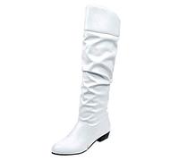 Generisch Botas redondas Tacón resbalón Mujeres Color sólido Botas altas Zapatos hasta la rodilla Toe alto Botas de mujer Negro Plano, Blanco, 37 EU