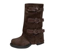 Generisch Botas vaqueras para mujer, botas medianas altas con tacón, de piel de pu, botas occidentales con hebilla de cinturón, botas de caña ancha, cómodas, de tubo medio, botas de invierno, café, 40