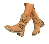 Generisch Botines con hebillas para mujer, con botas de invierno, de ante, vaquero, botas de equitación, invierno cálido, tacón de bloque, botines para otoño, botas de entretiempo, O Marrón, 37 EU