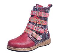 Generisch Botines de bordado medio redondo plano de flores zapatos de mujer con cremallera con estampado de dedo del pie botas de mujer para hombre azul, rojo, 42 EU