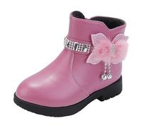 Generisch Botines de moda para niña con adorno de lazo para los días fríos, cómodos zapatos interiores de algodón, aspecto de piel, tacón de bloque robusto, morado, 33 EU